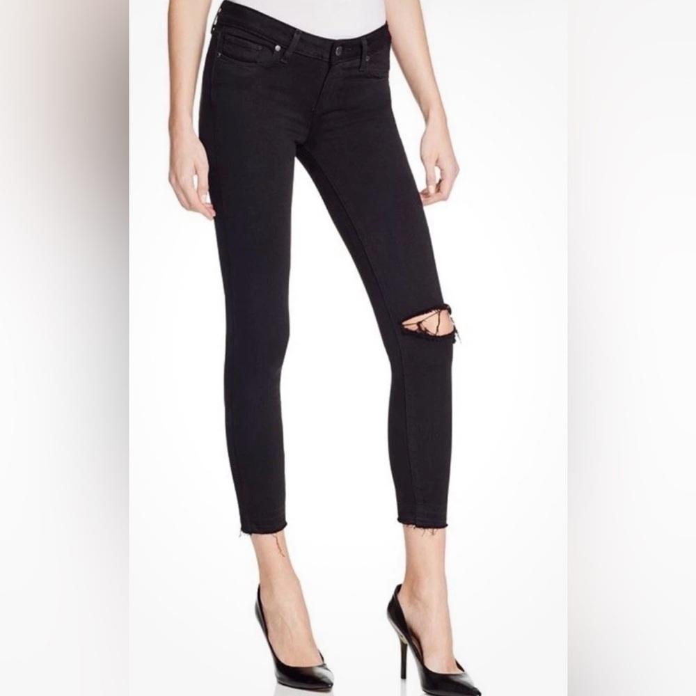 Paige Verdugo Distressed Crop Jeans Womens Size 29 Black Denim Pockets Fray Hem - Picture 4 of 14